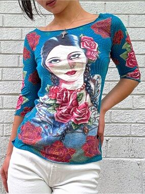 Lucky Tees Authentic Y2K Teal Chicana Art Print Top with Rose and Cross Graphic